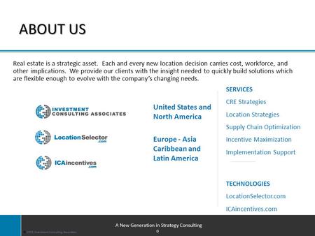 0 © 2013, Investment Consulting Associates Real estate is a strategic asset. Each and every new location decision carries cost, workforce, and other implications.