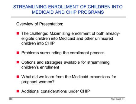 HillView Graph # 1 STREAMLINING ENROLLMENT OF CHILDREN INTO MEDICAID AND CHIP PROGRAMS Overview of Presentation: The challenge: Maximizing enrollment of.