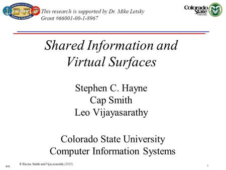 9/03 1 © Hayne, Smith and Vijayasarathy (2005) Shared Information and Virtual Surfaces Stephen C. Hayne Cap Smith Leo Vijayasarathy Colorado State University.