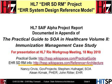 EHR SD RM Milestones 2008 2009 2010 2011 Healthcare SOA Reference Architecture (H-SOA-RA) EHR SD RM Immunization & Response Management (IRM) Prototype.