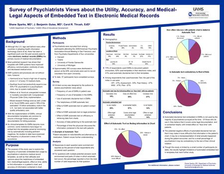 Shane Sparks, MD 1 ; J. Benjamin Guise, MD 1 ; Carol R. Thrush, EdD 2 1 UAMS Department of Psychiatry, 2 UAMS Office of Educational Development Background.