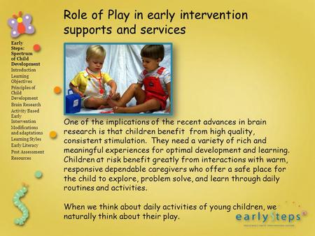 Early Steps: Spectrum of Child Development Introduction Learning Objectives Principles of Child Development Brain Research Activity Based Early Intervention.