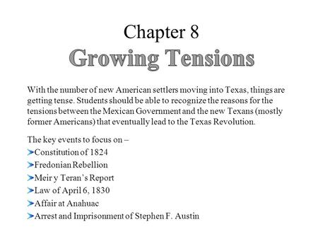 With the number of new American settlers moving into Texas, things are getting tense. Students should be able to recognize the reasons for the tensions.