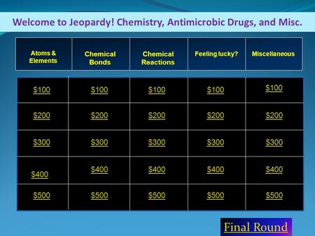 Welcome to Jeopardy! Chemistry, Antimicrobic Drugs, and Misc. $100 $200 $300 $500 $100 $200 $300 $400 $500 Atoms & Elements Chemical Bonds Chemical Reactions.