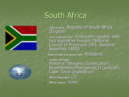 South Africa South Africa Official name Republic of South Africa (English) Official name Republic of South Africa (English) Form of government multiparty.