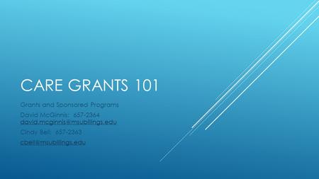 CARE GRANTS 101 Grants and Sponsored Programs David McGinnis: 657-2364  Cindy Bell: 657-2363.