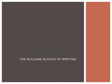 THE BUILDING BLOCKS OF WRITING PARAGRAPHING. WHAT IS A PARAGRAPH? “a group of sentences or a single sentence that forms a unit” Can be a group of sentences.