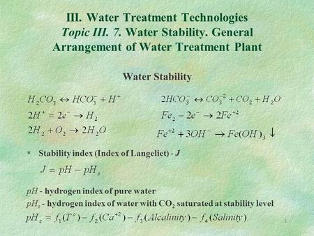 1 III. Water Treatment Technologies Topic III. 7. Water Stability. General Arrangement of Water Treatment Plant Water Stability §Stability index (Index.