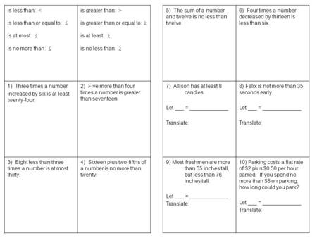 Is less than: < is less than or equal to:  is at most:  is no more than:  is greater than: > is greater than or equal to:  is at least:  is no less.