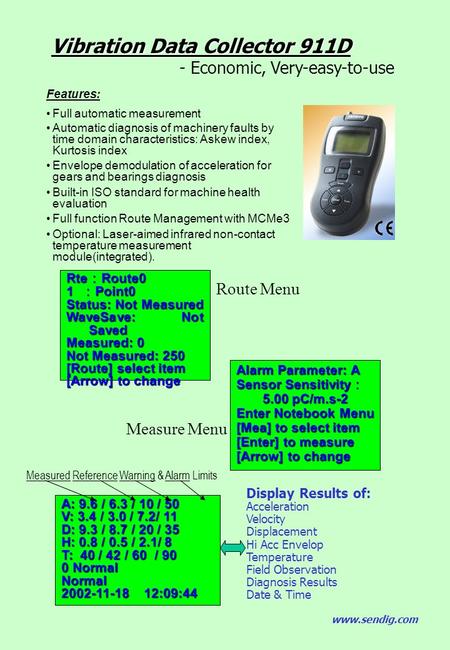 Vibration Data Collector 911D - Economic, Very-easy-to-use Features: Full automatic measurement Automatic diagnosis of machinery faults by time domain.