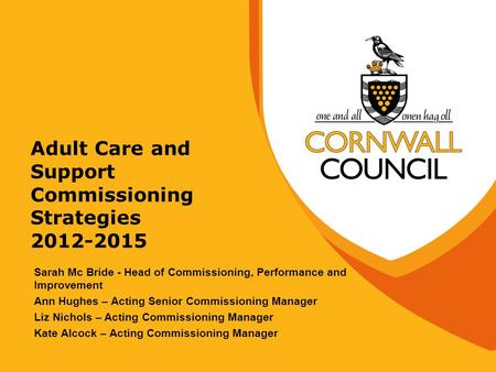 Adult Care and Support Commissioning Strategies 2012-2015 Sarah Mc Bride - Head of Commissioning, Performance and Improvement Ann Hughes – Acting Senior.