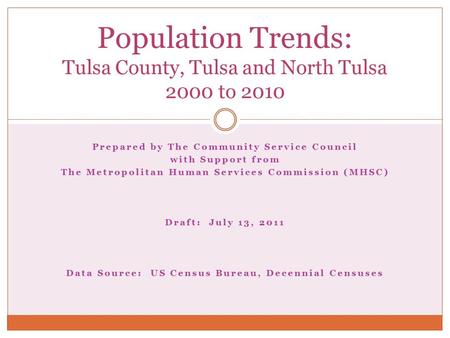 Prepared by The Community Service Council with Support from The Metropolitan Human Services Commission (MHSC) Draft: July 13, 2011 Data Source: US Census.