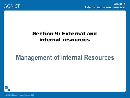 Section 9 External and internal resources AQA ICT A2 Level © Nelson Thornes 2009 1 Section 9: External and internal resources Management of Internal Resources.