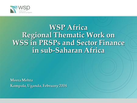 WSP Africa Regional Thematic Work on WSS in PRSPs and Sector Finance in sub-Saharan Africa Meera Mehta Kampala, Uganda, February 2004.