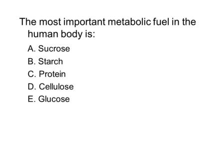 The most important metabolic fuel in the human body is: A. Sucrose