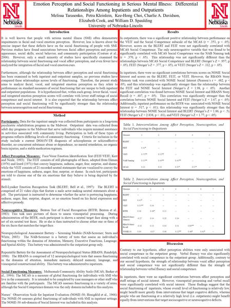 Emotion Perception and Social Functioning in Serious Mental Illness: Differential Relationships Among Inpatients and Outpatients Melissa Tarasenko, Petra.