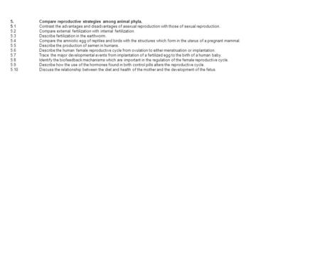 5.Compare reproductive strategies among animal phyla. 5.1Contrast the advantages and disadvantages of asexual reproduction with those of sexual reproduction.