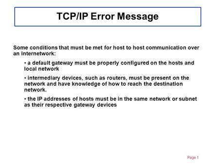 Page 19/13/2015 Chapter 8 Some conditions that must be met for host to host communication over an internetwork: a default gateway must be properly configured.