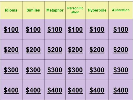 IdiomsSimilesMetaphor Personific ation Hyperbole Alliteration $100 $200 $300 $400.