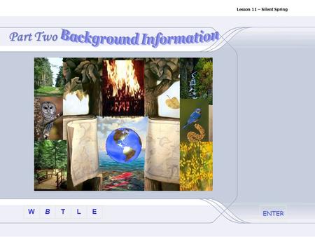 BTLEW Lesson 11 – Silent Spring Part Two ENTER BTLEW Lesson 11 – Silent Spring I. AuthorAuthor II. Silent SpringSilent Spring III.PesticidePesticide.