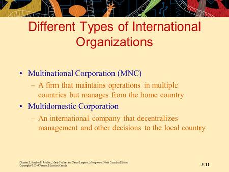 Chapter 3, Stephen P. Robbins, Mary Coulter, and Nancy Langton, Management, Ninth Canadian Edition Copyright © 2009 Pearson Education Canada 3-11 Different.