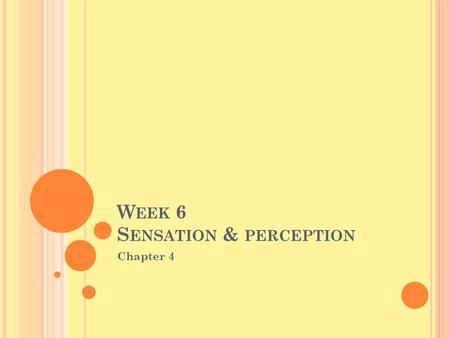 W EEK 6 S ENSATION & PERCEPTION Chapter 4. V ISION Wavelength (hue) Amplitude Purity Cornea Lens Iris Pupil Retina Transduction Optic disk Optic nerve.