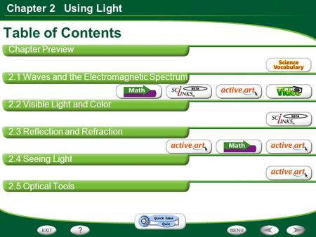 X Chapter 2 Using Light Chapter Preview 2.1 Waves and the Electromagnetic Spectrum 2.2 Visible Light and Color 2.3 Reflection and Refraction 2.4 Seeing.