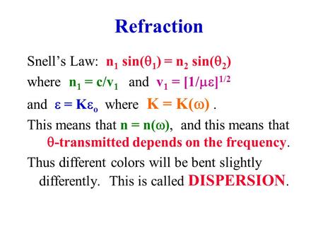 Refraction Snell’s Law: n1 sin(1) = n2 sin(2)