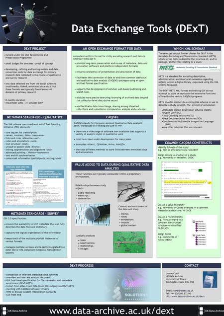 DExT PROJECT Louise Corti UK Data Archive University of Essex Colchester, Essex CO4 3SQ   Tel: +44 (0)1206 872145 URL: