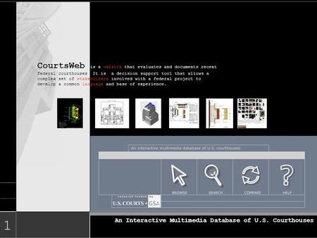 An Interactive Multimedia Database of U.S. Courthouses 1 CourtsWeb, is a website that evaluates and documents recent federal courthouses. It is a decision.