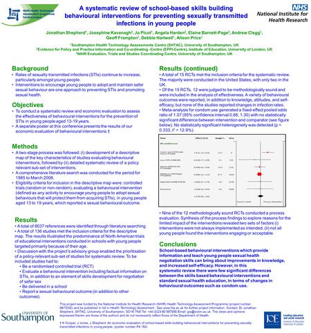 A systematic review of school-based skills building behavioural interventions for preventing sexually transmitted infections in young people Jonathan Shepherd.