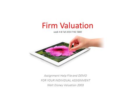 Firm Valuation week 4-8 Fall 2014 FINC 5880 Assignment Help File and DEMO FOR YOUR INDIVIDUAL ASSIGNMENT Walt Disney Valuation 2003.