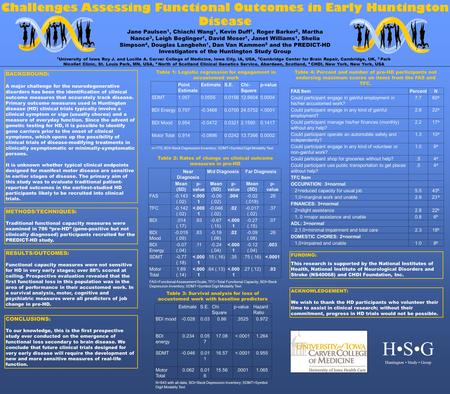 Challenges Assessing Functional Outcomes in Early Huntington Disease Jane Paulsen 1, Chiachi Wang 1, Kevin Duff 1, Roger Barker 2, Martha Nance 3, Leigh.