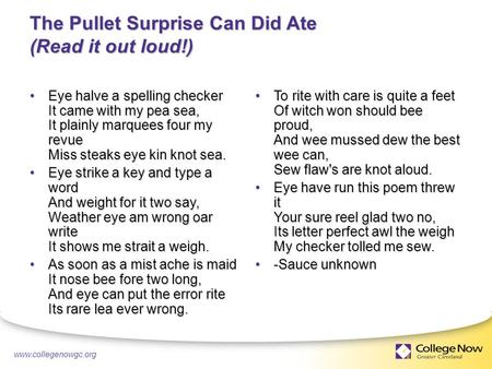 9/13/20151 www.collegenowgc.org The Pullet Surprise Can Did Ate (Read it out loud!) Eye halve a spelling checker It came with my pea sea, It plainly marquees.