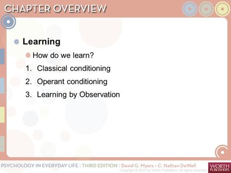 Learning How do we learn? 1.Classical conditioning 2.Operant conditioning 3.Learning by Observation.