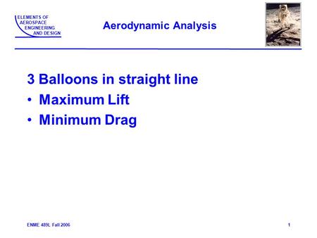 ELEMENTS OF AEROSPACE ENGINEERING AND DESIGN ENME 489L Fall 20061 Aerodynamic Analysis 3 Balloons in straight line Maximum Lift Minimum Drag.