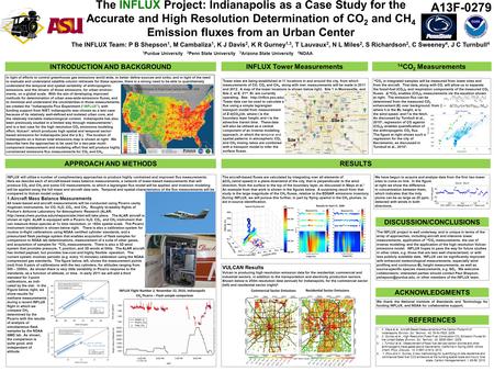 The INFLUX Project: Indianapolis as a Case Study for the Accurate and High Resolution Determination of CO 2 and CH 4 Emission fluxes from an Urban Center.