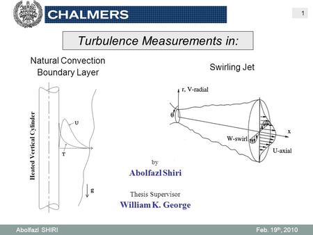 Abolfazl SHIRI Feb. 19 th, 2010 1 Turbulence Measurements in: Natural Convection Boundary Layer Swirling Jet by Abolfazl Shiri Thesis Supervisor William.