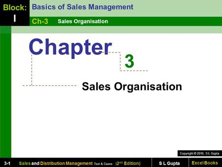 Copyright © 2010, S L Gupta Excel Books Sales and Distribution Management Text & Cases ( 2 nd Edition) S L Gupta3-1 Sales Organisation Basics of Sales.