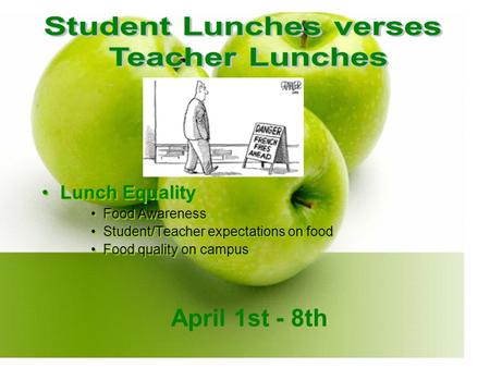 Lunch Equality Food Awareness Student/Teacher expectations on food Food quality on campus Lunch Equality Food Awareness Student/Teacher expectations on.