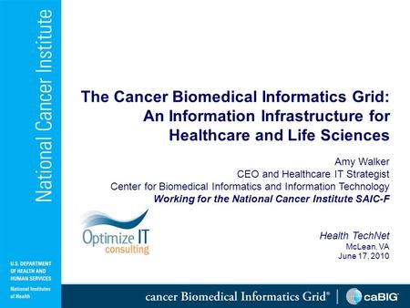 The Cancer Biomedical Informatics Grid: An Information Infrastructure for Healthcare and Life Sciences Amy Walker CEO and Healthcare IT Strategist Center.