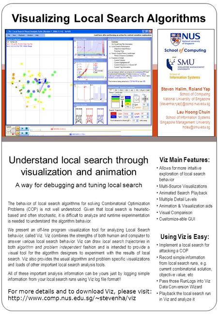 Understand local search through visualization and animation A way for debugging and tuning local search The behavior of local search algorithms for solving.