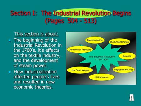 Section I: The Industrial Revolution Begins (Pages 504 - 513) This section is about: This section is about: The beginning of the Industrial Revolution.