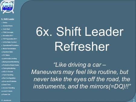 6. Shift Leader 1. Duties 2. Golden Rules 3. Cold Start 4. FSM Concepts 5. Novelties 2011 6. Fill Preparation 2011 7. LHCb State Control 8. Operational.