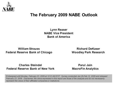 Lynn Reaser NABE Vice President Bank of America Richard DeKaser Woodley Park Research Charles Steindel Federal Reserve Bank of New York William Strauss.