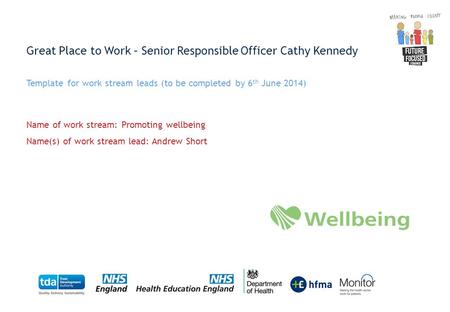 Great Place to Work – Senior Responsible Officer Cathy Kennedy Template for work stream leads (to be completed by 6 th June 2014) Name of work stream: