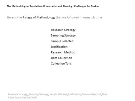 The Methodology of Population, Urbanization and Planning : Challenges for Dhaka - Here is the 7 steps of Methodology that we followed in research time.