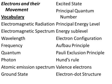 Electrons and their Movement Vocabulary Electromagnetic Radiation Electromagnetic Spectrum Wavelength Frequency Quantum Photon Atomic emission spectrum.