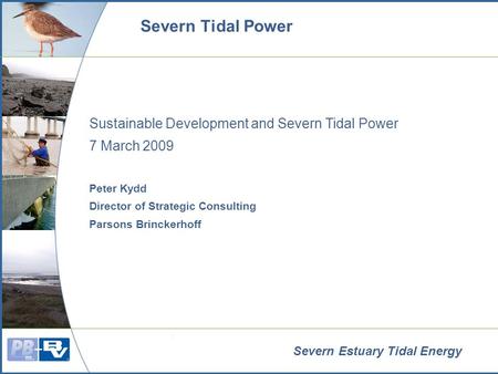 Severn Estuary Tidal Energy Sustainable Development and Severn Tidal Power 7 March 2009 Peter Kydd Director of Strategic Consulting Parsons Brinckerhoff.