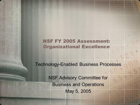 NSF FY 2005 Assessment: Organizational Excellence Technology-Enabled Business Processes NSF Advisory Committee for Business and Operations May 5, 2005.